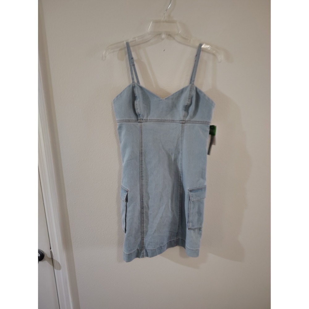 Rewind Womens Light Wash Denim Cargo Mini Dress Light Blue Size L NWT